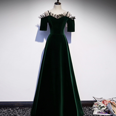 Green velvet long prom dress green evening dress - Thumbnail 5