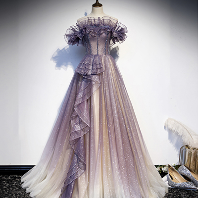 Purple tulle long ball gown dress formal dress - Thumbnail 5