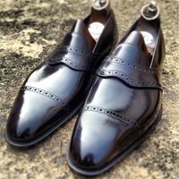 Leather Black Color Moccasin Loafer Cap Toe Handmade Leather Men's Shoes - Thumbnail 1