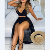 Solid Crop Top & Sheer Mesh High Slit Maxi Skirt Set - Thumbnail 1