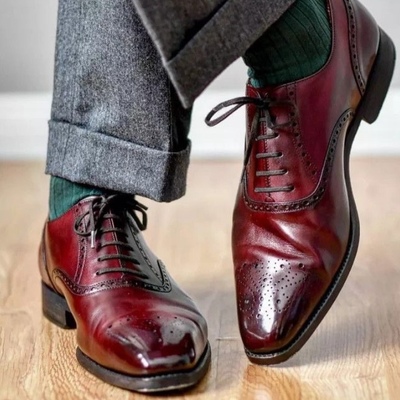 Handmade new oxfords burgundy leather office formal lace up men shoes - Thumbnail 5