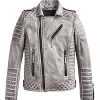 Mens Leather Jacket Smokey Gray Unique Style Quilted Slim Fit Leat - Thumbnail 4