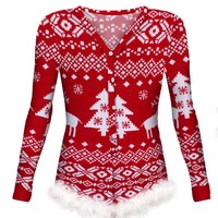 Christmas Fluffy Trim Button Front Lounge Romper - Thumbnail 2