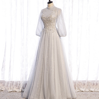 Gray tulle sequins long prom dress evening dress - Thumbnail 1