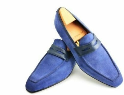 Christmas Sale Handmade Men Original Blue Men's Suede Loafers Slip Ons Shoes 