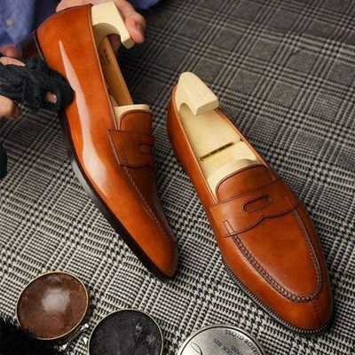 Christmas men's handmade tan brown leather dress shoes, men leather moccasins loafer