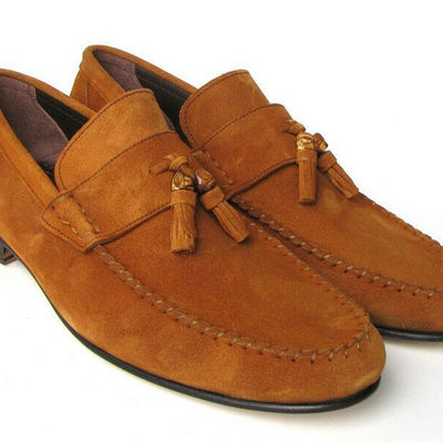 Christmas sale men's tan brown tassel loafer slip ons genuine suede leather formal dress shoes