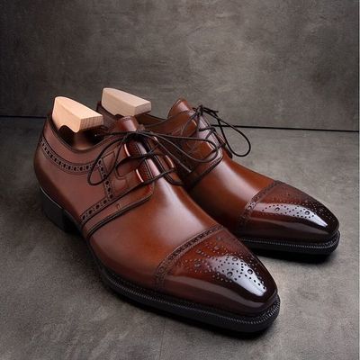 Hot sale tan french calf and black handmade cap toe patina formal shoes for men