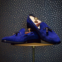 Best Handmade Loafer Slip On Suede Shoes,Royal Blue Color Men's Moccasin Tussles Shoes - Thumbnail 1