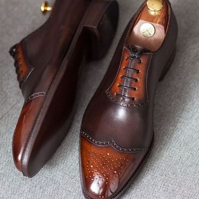 New tan brown wing tip brogue leather shoes,handmade mens lace up shoes, mens shoes - Thumbnail 3