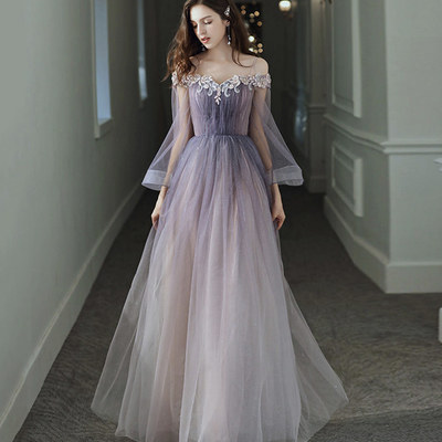 Purple tulle lace long prom dress purple evening dress - Thumbnail 5