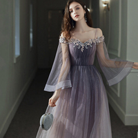 Purple tulle lace long prom dress purple evening dress - Thumbnail 1
