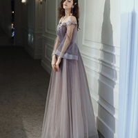 Purple tulle lace long prom dress purple evening dress - Thumbnail 2