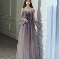 Purple tulle lace long prom dress purple evening dress - Thumbnail 3