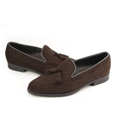 Luxury tassel loafer slips on brown suede handmade formal men's shoes
