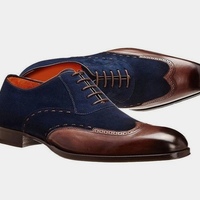 Luxury Two Tone Handmade Wingtip Leather Suede Shoes - Thumbnail 1