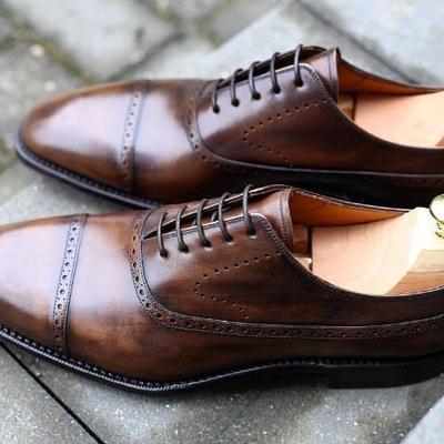 Western style men's dark brown oxfords cap toe dress designer lace up shoes - Thumbnail 4