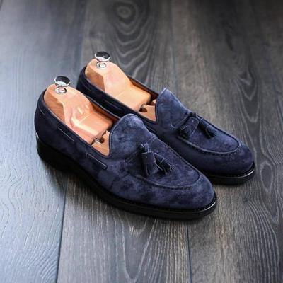 Trendy navy blue loafer slips on york sole handmade decent men's shoes