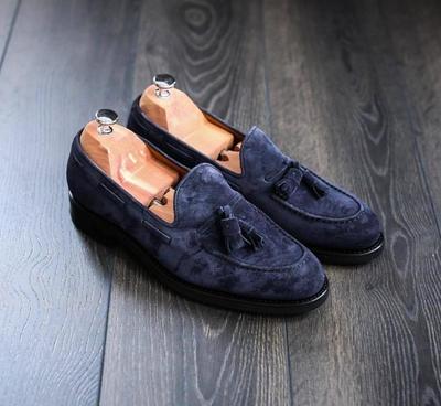 Trendy Navy Blue Loafer Slips On York Sole Handmade Decent Men's Shoes