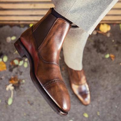 Handmade elegant men's brouged balmoral captoe chelsea dress fashion boot, ankle high boot