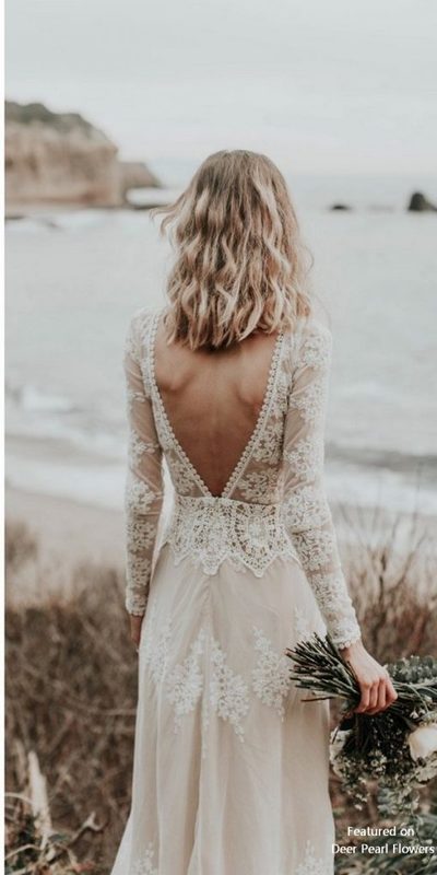 Stunning Mermaid Wedding Dresses Boat Neck Sheer Long Sleeve Boho Lace Appliques Bridal Gowns，703