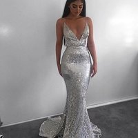 Lastest Silver Sequin V Neck Mermaid Prom Dress,Backless Formal Gown,708 - Thumbnail 2