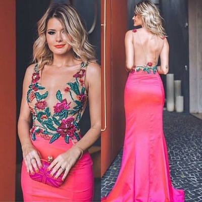 V neck fuchsia prom dresses with appliques flowers - Thumbnail 3