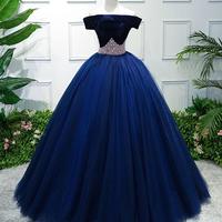 Dark blue tulle off shoulder long prom dress, blue sweet 16 dress,714 - Thumbnail 1