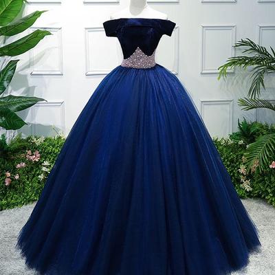 Dark blue tulle off shoulder long prom dress, blue sweet 16 dress,714