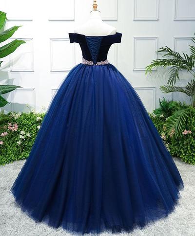 Dark blue tulle off shoulder long prom dress, blue sweet 16 dress,714