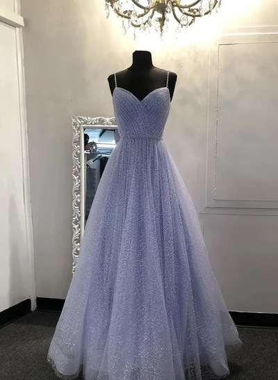 Light Blue Tulle Sequins V Neck Long Dress Spaghetti Straps Evening Dress,717