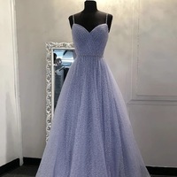Light Blue Tulle Sequins V Neck Long Dress Spaghetti Straps Evening Dress,717 - Thumbnail 2