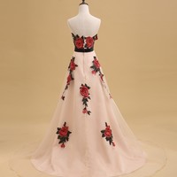 Rose Embroidered Floor Length Chiffon A-Line Prom Dress Featuring Sweetheart Bodice and Chapel Train,718 - Thumbnail 1