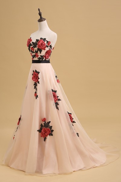 Rose Embroidered Floor Length Chiffon A-Line Prom Dress Featuring Sweetheart Bodice and Chapel Train,718