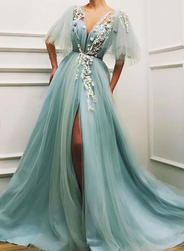 Unique Long Tulle V Neck Lace Cap Sleeve Long Prom Dress, Evening Dress,719