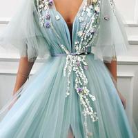 Unique Long Tulle V Neck Lace Cap Sleeve Long Prom Dress, Evening Dress,719 - Thumbnail 1