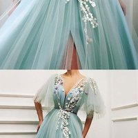 Unique Long Tulle V Neck Lace Cap Sleeve Long Prom Dress, Evening Dress,719 - Thumbnail 2