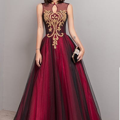 Burgundy tulle long a line evening dress, prom dress with applique,720
