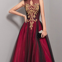 Burgundy Tulle Long A Line Evening Dress, Prom Dress With Applique,720 - Thumbnail 1