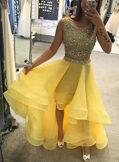 Luxurious A-Line Two-Piece High Low Yellow Prom Dress,721