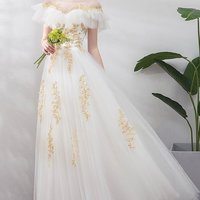 White Tulle Gold Lace Applique Long Ruffles Senior Prom Dress, Formal Dress,722 - Thumbnail 1