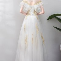 White Tulle Gold Lace Applique Long Ruffles Senior Prom Dress, Formal Dress,722 - Thumbnail 2