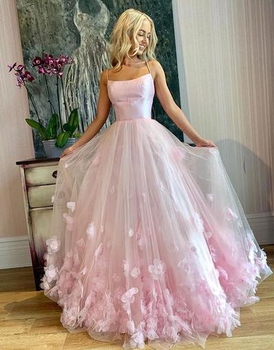 Pink Tulle Spaghetti Straps Sweet 16 Prom Dress With 3D Lace Applique,723