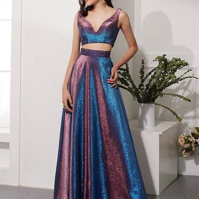 Two piece blue long prom dresses v neck evening dresses 2019 for women,724