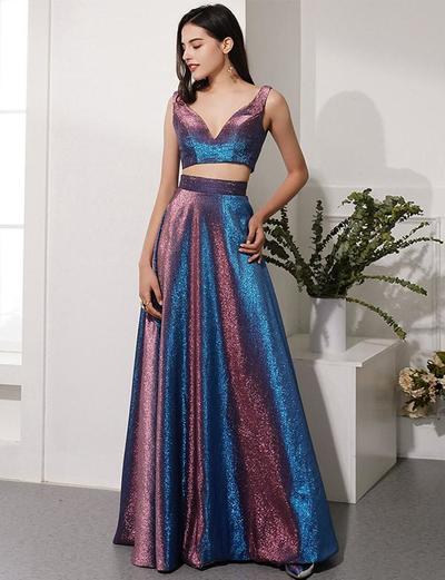 Two Piece Blue Long Prom Dresses V Neck Evening Dresses 2019 For Women,724