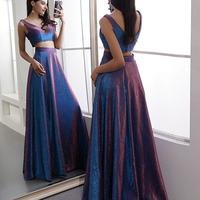 Two Piece Blue Long Prom Dresses V Neck Evening Dresses 2019 For Women,724 - Thumbnail 1