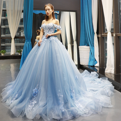 Glamorous Ball Gown Off the Shoulder Light Blue Long Prom/Evening Dress with Appliques,725