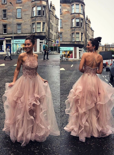 Glamorous A Line Halter Champagne Prom/Evening Dress Appliques,727