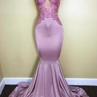 Lavender long mermaid evening dress, lace top prom dress,729 - Thumbnail 1