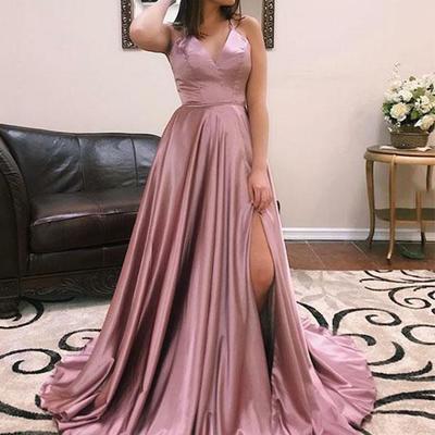 Simple a line spaghetti straps purple prom dresses long split front,730